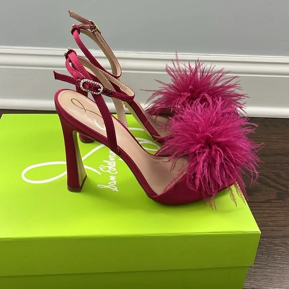 NIB Sam Edelman Leon feather healed sandals, raspberry satin size 7.5 - Picture 3 of 8